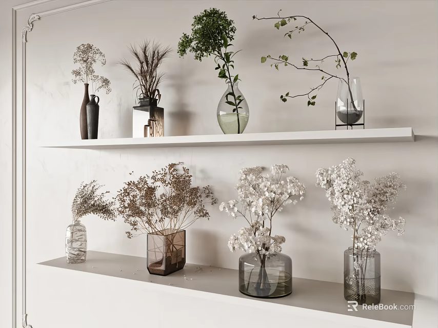 White Wall Shelves Display Multiple Vases With Various Flowers For Home Decor 3d model 