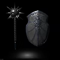 Medieval Spiked Mace and Ornate Shield with Intricate Carvings as Battle Weapons