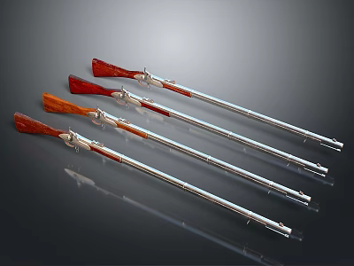 Antique Rifles With Wooden Stocks And Silver Metal Barrels Displayed On Black Background 3d model