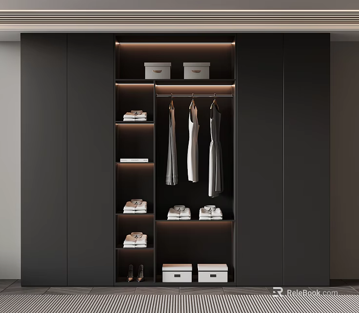 Modern Black Wardrobe Interior Design With Hanging Clothes Storage Boxes Shoes And LED Lighting 3d model 