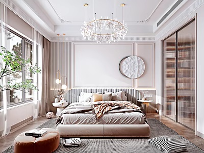 Elegant Modern Bedroom Interior With Crystal Chandelier Circular Painting And Floor To Ceiling Windows 3d model