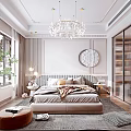 Elegant Modern Bedroom Interior With Crystal Chandelier Circular Painting And Floor To Ceiling Windows
