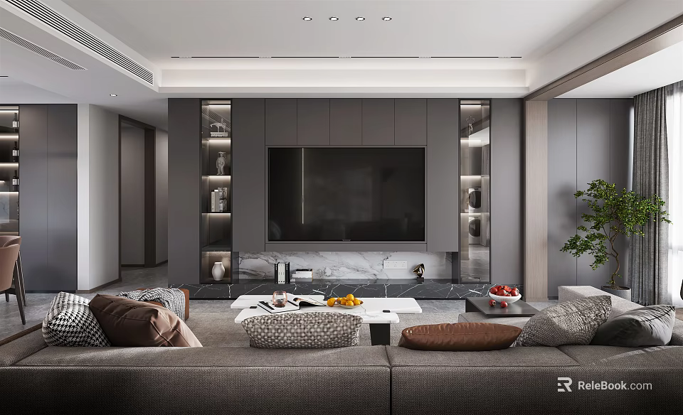 Modern Elegant Living Dining Open Concept Interior With Gray Sofa Marble TV Wall 3d model 