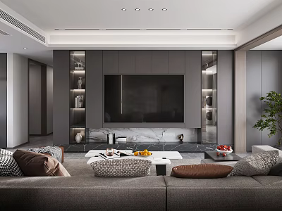 Modern Elegant Living Dining Open Concept Interior With Gray Sofa Marble TV Wall 3d model