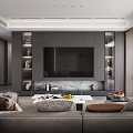 Modern Elegant Living Dining Open Concept Interior With Gray Sofa Marble TV Wall