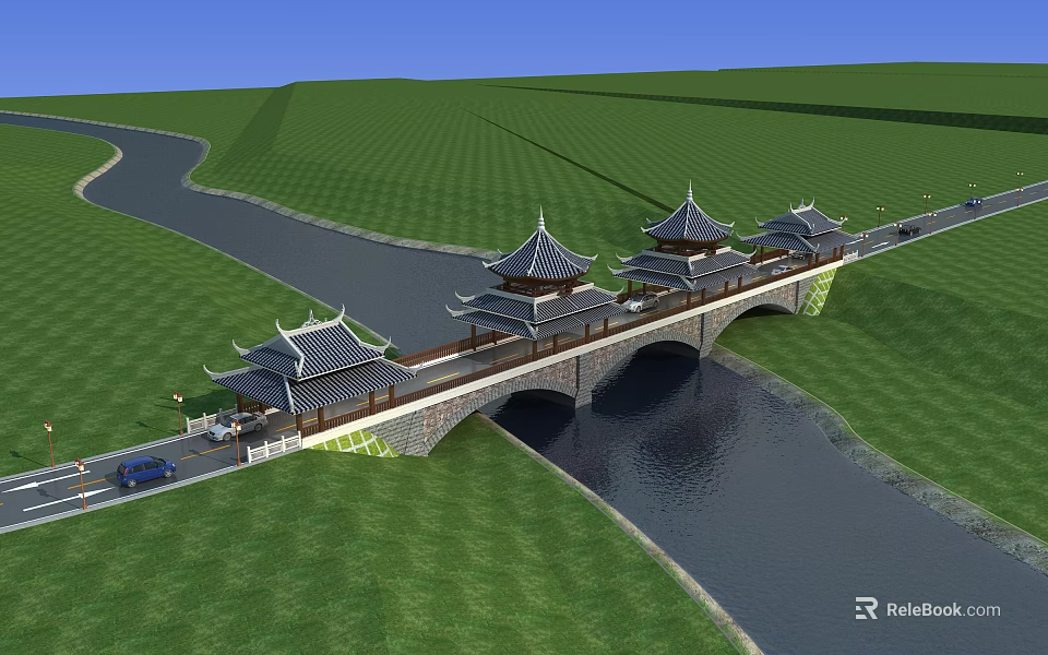 Chinese Traditional Bridge With Pagoda Style Pavilions Over River And Green Grassland 3d model 