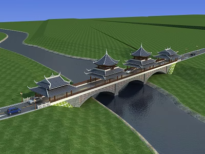 Chinese Traditional Bridge With Pagoda Style Pavilions Over River And Green Grassland 3d model