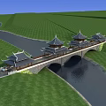 Chinese Traditional Bridge With Pagoda Style Pavilions Over River And Green Grassland