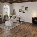 Cozy Living Room Interior with Fireplace Armchair Throw Pillows Ottoman Window Curtains and Rug