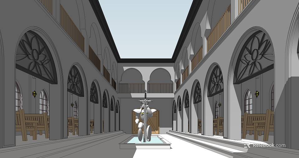 Sacred Church Interior With Vaulted Ceiling Arched Windows And Central Cross 3d model 