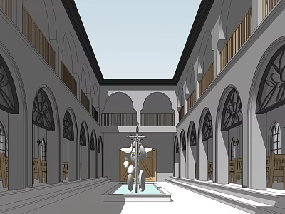 Sacred Church Interior With Vaulted Ceiling Arched Windows And Central Cross 3d model