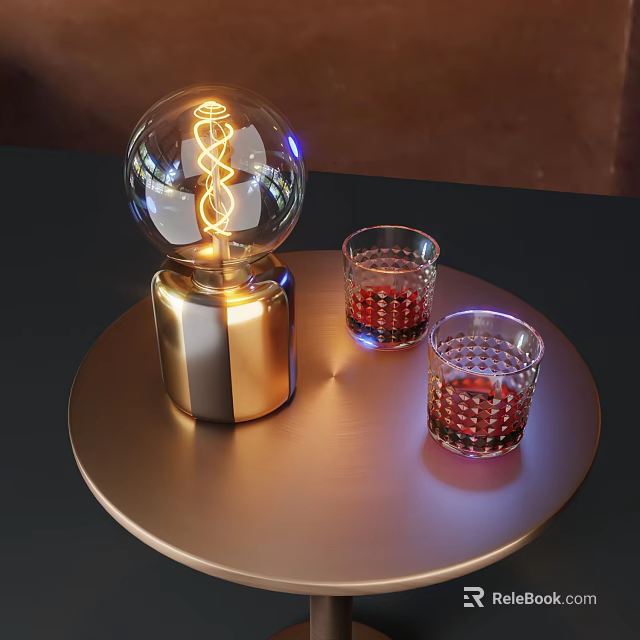 Table Lamp With Transparent Bulb Spiral Filament Gold Base On Round Tray With Glass Cups 3d model 