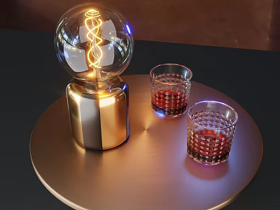 Table Lamp With Transparent Bulb Spiral Filament Gold Base On Round Tray With Glass Cups 3d model