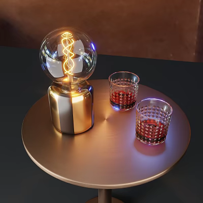 Table Lamp With Transparent Bulb Spiral Filament Gold Base On Round Tray With Glass Cups 3d model