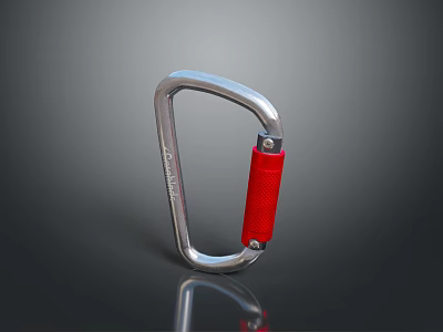 Silver Metal Carabiner With Red Locking Mechanism For Outdoor Climbing Gear 3d model
