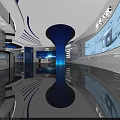 Modern Exhibition Space with White Geometric Walls Display Stand Screens Globe and Blue Lighting