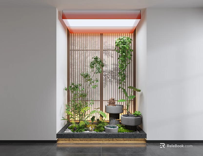 Zen Style Landscape Wall With Wooden Lattice Green Plants And Small Water Feature 3d model 