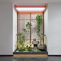 Zen Style Landscape Wall With Wooden Lattice Green Plants And Small Water Feature