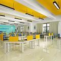 Modern School Computer Classroom Interior With Yellow Desks Computers And Bright Ceiling 3d model