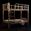 Old Rusted Bunk Beds With Mattresses And Blankets In Dim Room