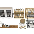 White Kitchen Cabinets With Glass Doors Wooden Dish Racks Plates And Bowls