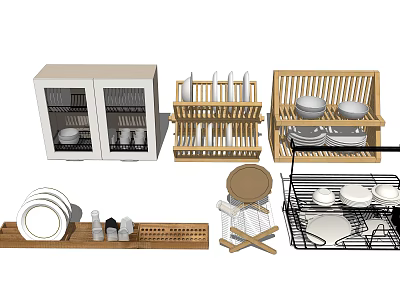 White Kitchen Cabinets With Glass Doors Wooden Dish Racks Plates And Bowls 3d model