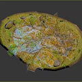 Lush Green Tree on Floating Island with Yellow Grass Stones and Blue Waterfall