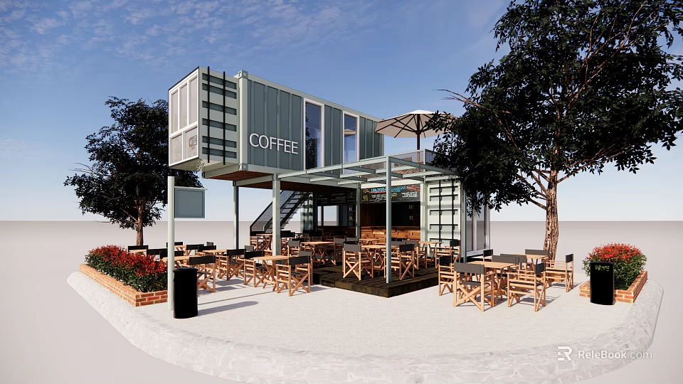 Container Building Coffee Shop With Modern Outdoor Seating And Trees 3d model