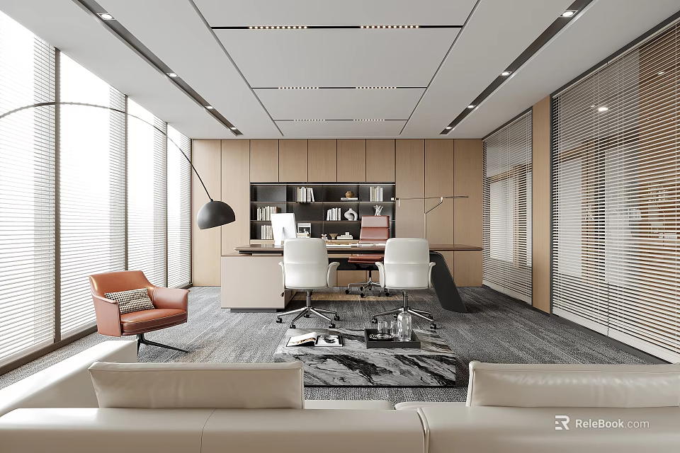 Modern Office Interior Design With Desk White Office Chairs Sofa Brown Armchair And Lighting 3d model 