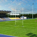 Outdoor Sports Stadium With Green Grass Field Running Track And Athletes Training For Fitness