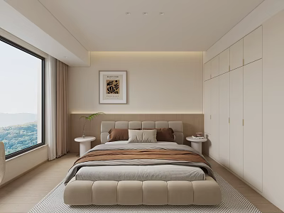 Modern Bedroom Interior With Large Bed White Wardrobes Decorative Painting And Mountain View 3d model