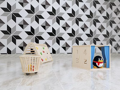 Colorful Wooden Building Blocks with Numbered House Shopping Cart and Penguin Doll on Geometric Wall 3d model