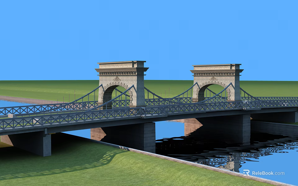 Stone Arch Bridge With Twin Towers Over River Green Grass and Blue Sky 3d model 