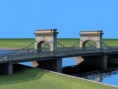 Stone Arch Bridge With Twin Towers Over River Green Grass and Blue Sky 3d model