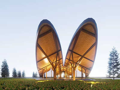 Unique Curved Wooden Facade with Lighting Surrounded by Grass and Trees 3d model