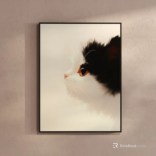Black and White Cat Portrait Painting With Brown Eyes Side Profile Framed on Light Wall 3d model 