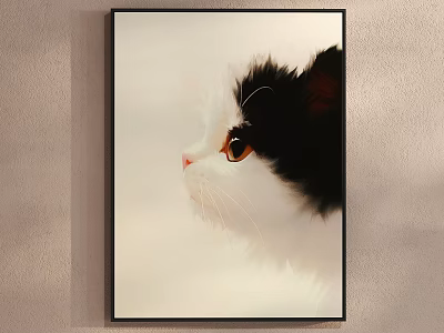 Black and White Cat Portrait Painting With Brown Eyes Side Profile Framed on Light Wall 3d model