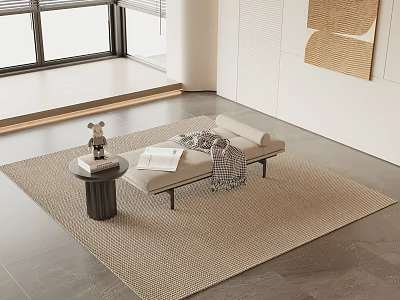 Modern Minimalist Room Interior With Bench On Woven Rug Pillow Blanket And Small Round Table 3d model