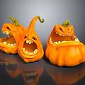 Halloween Decorative Ornament Set Featuring Three Smiling Pumpkins Exposed Teeth And Green Vines