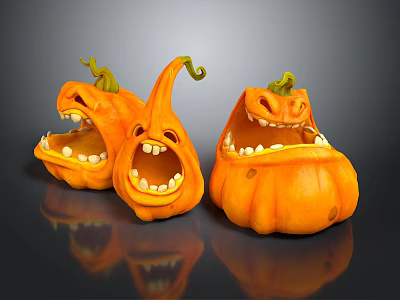 Halloween Decorative Ornament Set Featuring Three Smiling Pumpkins Exposed Teeth And Green Vines 3d model