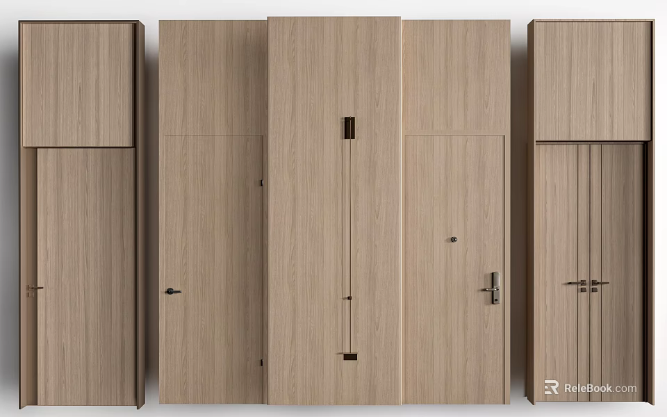 Modern Wooden Hinged Doors with Various Designs and Handle Details 3d model 