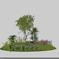 Lush Garden Shrubs With Green Grass Purple Blue Flowers And Various Plants