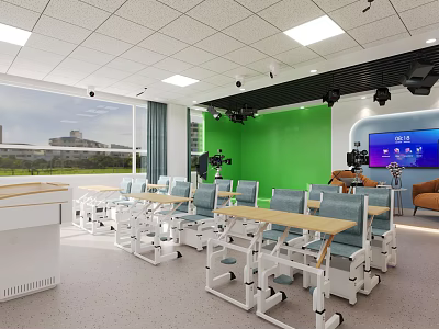 School Modern Classroom With Green Accent Wall White Desks Digital Screen And Large Windows 3d model