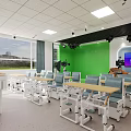 School Modern Classroom With Green Accent Wall White Desks Digital Screen And Large Windows