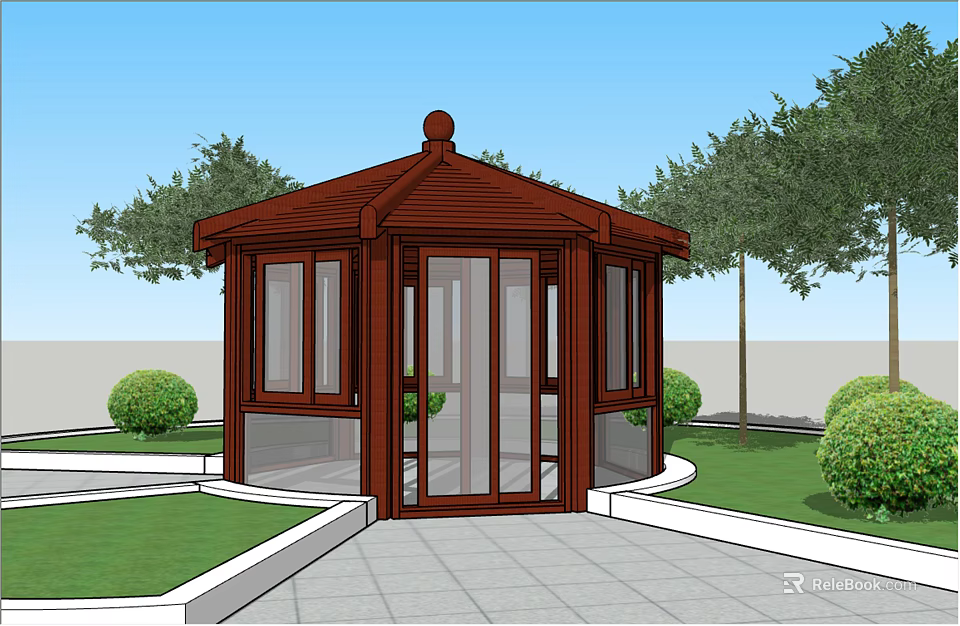 Wooden Gazebo With Glass Windows In Garden Lawn And Stone Pavement 3d model 