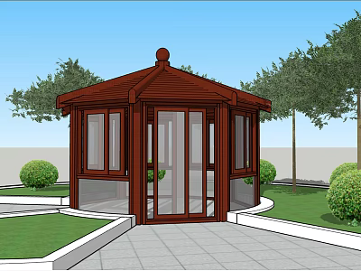 Wooden Gazebo With Glass Windows In Garden Lawn And Stone Pavement 3d model