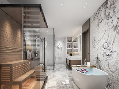 Modern Bathroom Interior With Wooden Bench Glass Shower Floral Wall And Freestanding Bathtub 3d model