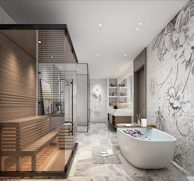 Modern Bathroom Interior With Wooden Bench Glass Shower Floral Wall And Freestanding Bathtub 3d model
