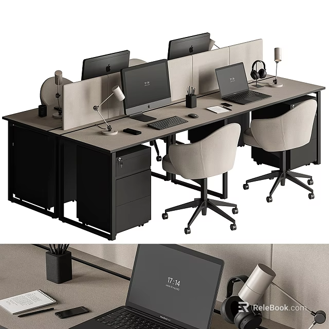 Modern Office Desk Setup With Multiple Monitors Dividers And Ergonomic Chairs 3d model 