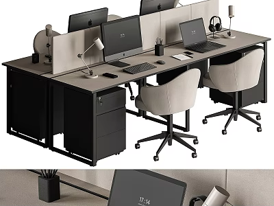 Modern Office Desk Setup With Multiple Monitors Dividers And Ergonomic Chairs 3d model